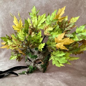 Artisan mask: 'Half tree mask' with green leaves and moss Traditional handmade mask image 1