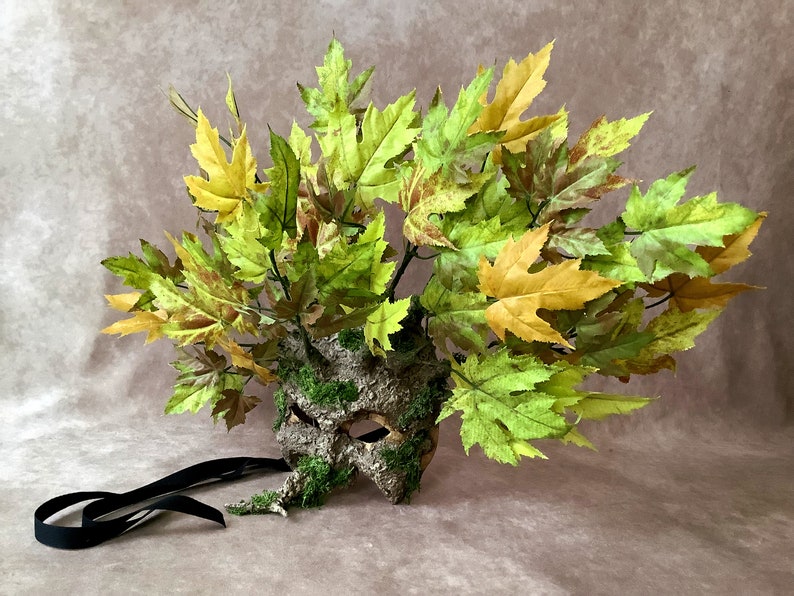 Artisan mask: 'Half tree mask' with green leaves and moss Traditional handmade mask image 1