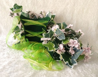 Bracers: "Ivy and flowers" - set of 2 green bracers with ivy leaves and pink frosted flowers (for arms)
