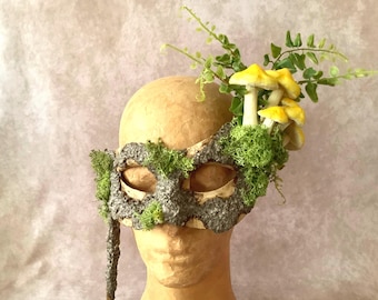 Artisan eye mask on a stick: 'Tree ferns and toadstools' - dryad, greenman, elf