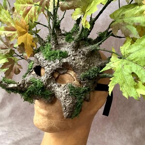 Artisan mask: 'Half tree mask' with green leaves and moss Traditional handmade mask image 7