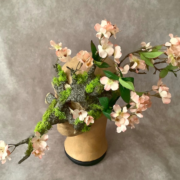 Artisan quarter mask: 'Tree mask delicate pink blossom'  (with nose, moss and blossom) - Traditional handmade mask