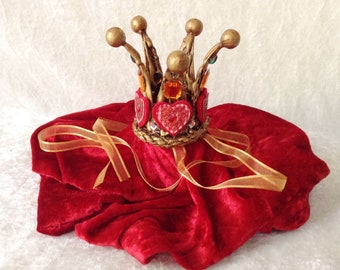Crown - Small handmade golden crown  (with texture, patin, hearts and rhinestones)