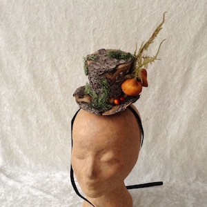 Peut inclure: Un petit chapeau haut de forme brun recouvert d'écorce avec de la mousse verte et des champignons orange. Le chapeau est sur un bandeau noir.