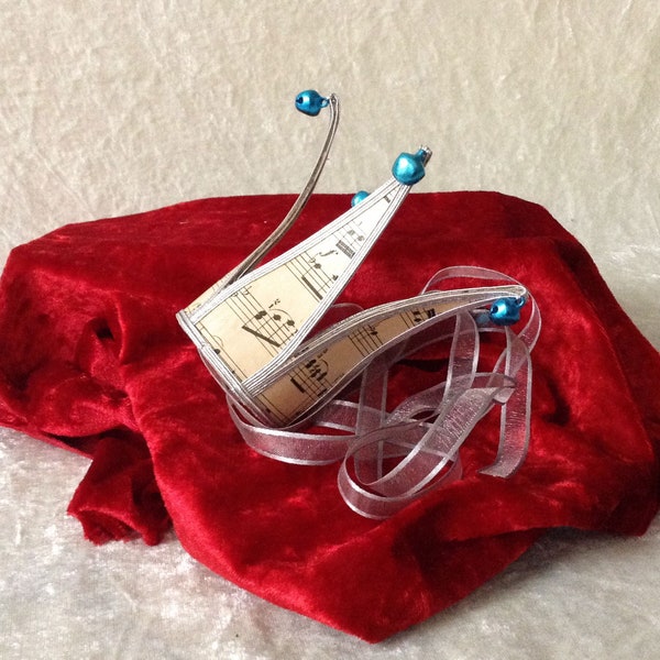 Crown - small, with vintage music paper, silver finish and blue bells - handmade Crown