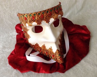Artisan Bauta mask: 'Classic Bauta Deluxe white' (lace and rhinestones) - Traditional handmade mask
