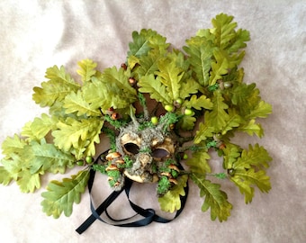 Artisan mask: 'Oak tree mask' - (no chin, with leaves and moss) - Traditional handmade mask