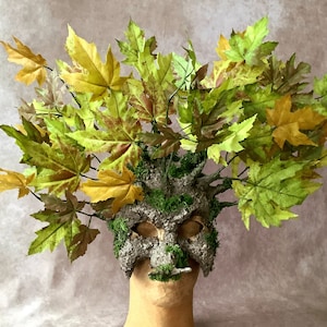 Artisan mask: 'Half tree mask' with green leaves and moss Traditional handmade mask image 3