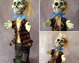 Handmade artisan happy zombie puppet - traditional hand puppet, glove puppet for puppet theatre