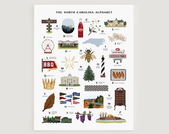 North Carolina alphabet print, 11"x14", illustrations, letters