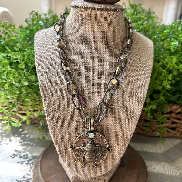 Chain and Bead Necklace with Bee Pendant