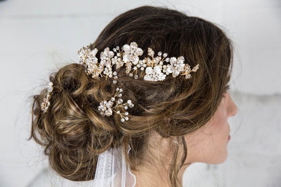 Gold Bridal Hair Comb Bridal Headpiece Pearl Crystal Wedding Etsy