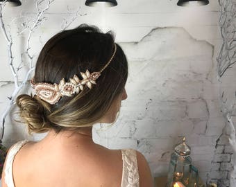 Rose Gold Halo Headband, Art Deco Headpiece, Bridal Statement Headband with Pearls, Bridal Headpiece, Forehead Hair Piece, Head Band