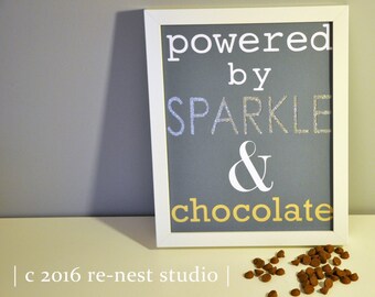 powered by sparkle and chocolate framed print - office decor/home office/kitchen decor/gallery wall/framed print/birthday gift/new job