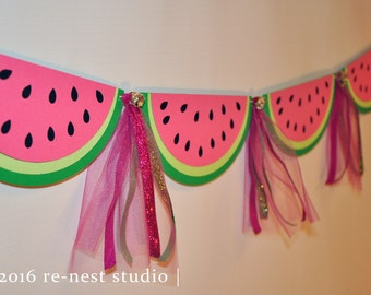 watermelon sparkle party banner - one in a melon birthday/birthday party/first birthday/party decoration/custom party banner/pink and green