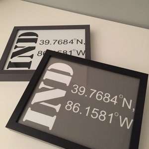 May include: Two framed prints with the word "IND" in white letters on a gray background. The coordinates "39.7684°N, 86.1581°W" are printed below the word.