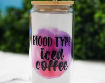 16oz Can Shaped Glass Cup, Bamboo Lid Glass Can, Blood Type Iced Coffee Cup, Iced Coffee, Coffee Lover Gift, Coffee Gift, Glass Can