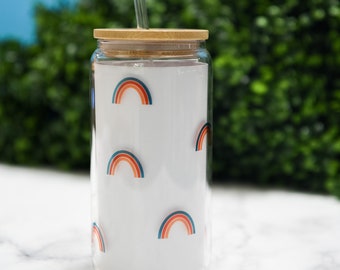 16oz Can Shaped Glass Cup, Bamboo Lid Glass Can, Rainbow Coffee Cup, Rainbow Glass, Iced Coffee, Coffee Lover Gift, Coffee Gift, Glass Can