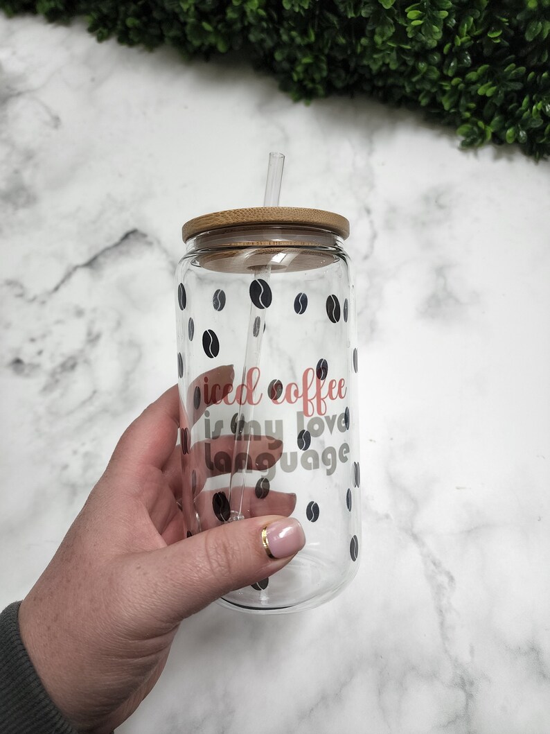 16oz Can Shaped Glass Cup, Bamboo Lid Glass Can, Iced Coffee is my Love Language, Iced Coffee, Coffee Lover Gift, Coffee Gift, Glass Can image 2