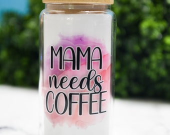 16oz Can Shaped Glass Cup, Bamboo Lid Glass Can, Mama Needs Coffee Cup, Iced Coffee, Coffee Lover Gift, Coffee Gift, Glass Can