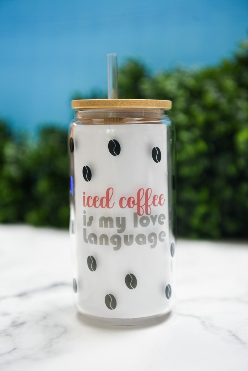 16oz Can Shaped Glass Cup, Bamboo Lid Glass Can, Iced Coffee is my Love Language, Iced Coffee, Coffee Lover Gift, Coffee Gift, Glass Can image 1
