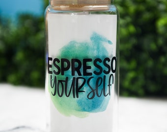 16oz Can Shaped Glass Cup, Bamboo Lid Glass Can, Espresso Yourself Coffee Cup, Iced Coffee, Coffee Lover Gift, Coffee Gift, Glass Can