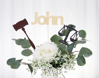 Law School Graduation Table Centerpiece Sticks, Set of 3 - Gavel, Custom Name, Scales of Justice