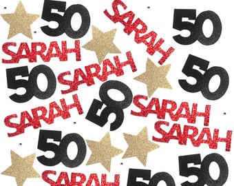 50th Birthday Decorations, 50 Birthday Confetti, 50th Birthday Gift for Women, Confetti includes 50, Star and Custom Name - 25 Pieces