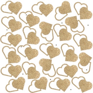 May include: A white background with a pattern of gold glitter hearts. The hearts are in various sizes and orientations.