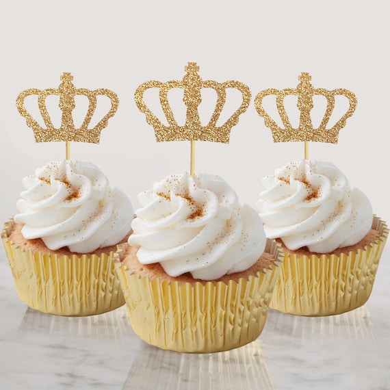 Gold Glitter Crown Cupcake Toppers Royal Prince Baby Shower Etsy