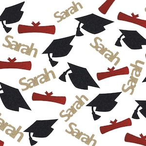2026 Graduation Confetti, Personalized Graduation Decorations Red and Black, Graduation Table Scatter Name, Diploma, Grad Cap, 50 Piece Pack