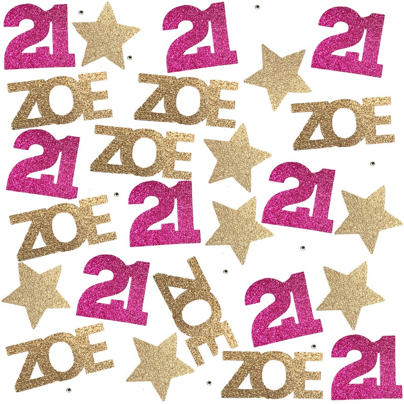 May include: Pink and gold glitter confetti with the number 21 and the name Zoe.