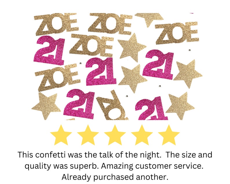 May include: Gold and pink glitter confetti featuring the name "ZOE" and the number "21" repeated several times. Five gold stars are scattered amongst the confetti. The confetti is on a white background. The image has a five-star rating and the text "This confetti was the talk of the night. The size and quality was superb. Amazing customer service. Already purchased another."