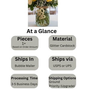 May include: A glass jar vase filled with flowers and greenery, adorned with a gold glitter cardstock "2020" decoration. The vase is part of a floral arrangement. The image also includes text that says "At a Glance", "Pieces 1+", and "Material Glitter Cardstock".