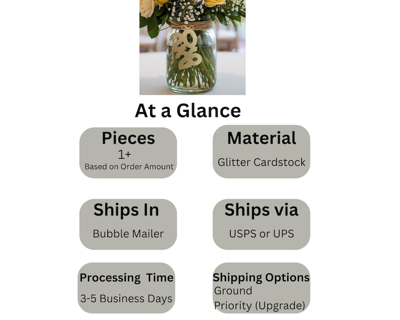 May include: A glass jar vase filled with flowers and greenery, adorned with a gold glitter cardstock "2020" decoration. The vase is part of a floral arrangement. The image also includes text that says "At a Glance", "Pieces 1+", and "Material Glitter Cardstock".
