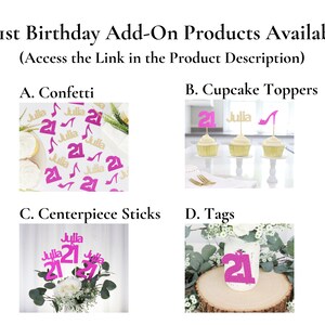 May include: A set of 21st birthday party decorations, including confetti, cupcake toppers, centrepiece sticks, and tags. The decorations are pink and gold and feature the number 21 and the name "Julia".