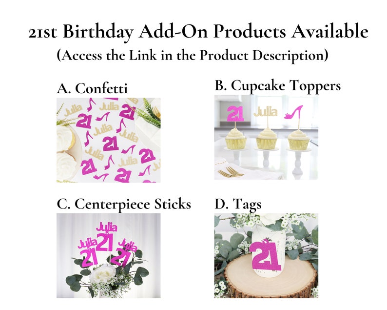 May include: A set of 21st birthday party decorations, including confetti, cupcake toppers, centrepiece sticks, and tags. The decorations are pink and gold and feature the number 21 and the name "Julia".