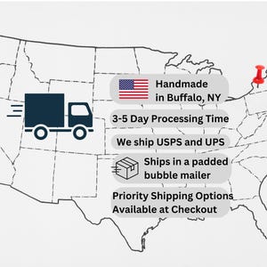 May include: A map of the United States with a red push pin in New York. Text includes "Handmade in Buffalo, NY" and "3-5 Day Processing Time". A graphic of a delivery truck is also present.