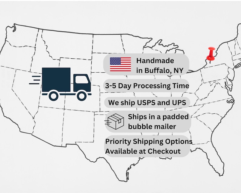 May include: A map of the United States with a red push pin in New York. Text includes "Handmade in Buffalo, NY" and "3-5 Day Processing Time". A graphic of a delivery truck is also present.