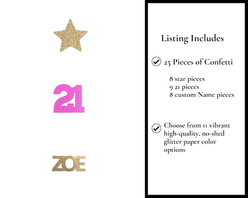 May include: A set of 25 gold glitter confetti pieces, including stars, the number 21, and a custom name. The confetti is available in 11 vibrant colours.