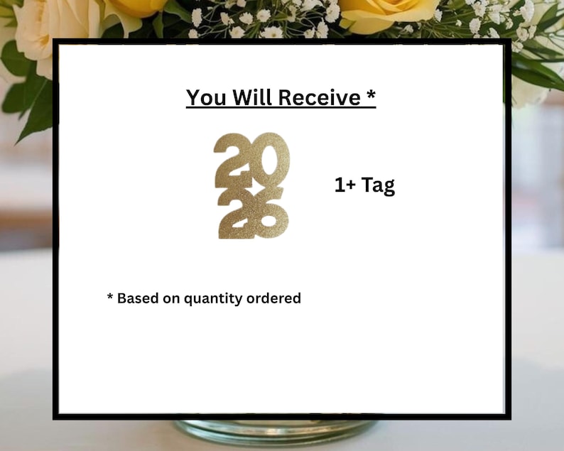 May include: A white card with the text "You Will Receive *" and "Based on quantity ordered". A gold glittery "2020" design and "1+ Tag" are also displayed.