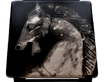 Wooden Horse Head Profile black and white 6" Art Tile with Black Wooden Easel