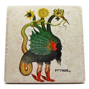 Mythical Creature Art Tile | Hybrid Man Bird Snake | Medieval Monster Python | Mercurius as Three-Headed Dragon