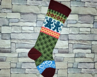 Personalized Hand Knit Christmas Stocking with Burgundy Cuff, Teal Gingerbread Girl and Boy and White Hearts, Can be Personalized, Baby Sock