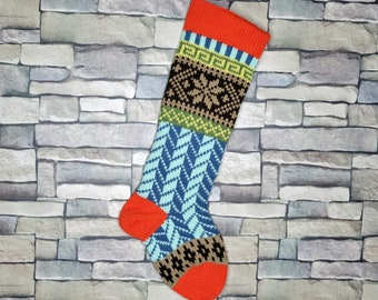 Red Hand Knit Fair Isle Christmas Stocking with Snowflake and Herringbone Design, Can be Personalized, Baby's First Stocking, Pet Stocking