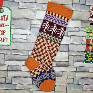 Plaid Hand Knit Christmas Stocking with Orange Cuff, White Trees and Taupe Snowflakes, Fair Isle Knit, Can be Personalized, Baby Gift Idea Without a  Name