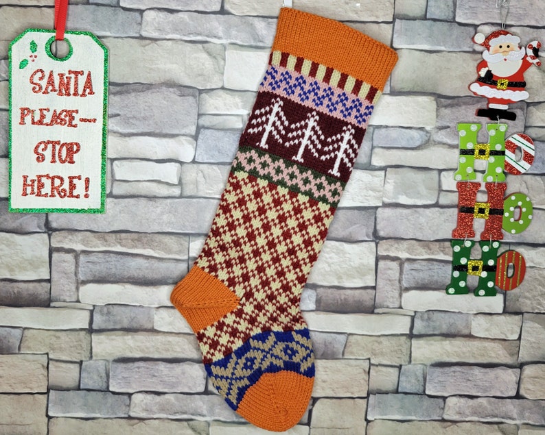 Plaid Hand Knit Christmas Stocking with Orange Cuff, White Trees and Taupe Snowflakes, Fair Isle Knit, Can be Personalized, Baby Gift Idea Without a  Name