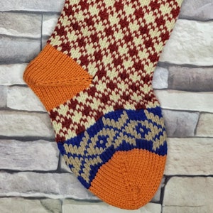 Plaid Hand Knit Christmas Stocking with Orange Cuff, White Trees and Taupe Snowflakes, Fair Isle Knit, Can be Personalized, Baby Gift Idea image 5