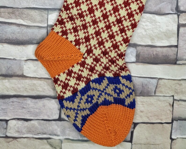 Plaid Hand Knit Christmas Stocking with Orange Cuff, White Trees and Taupe Snowflakes, Fair Isle Knit, Can be Personalized, Baby Gift Idea image 5