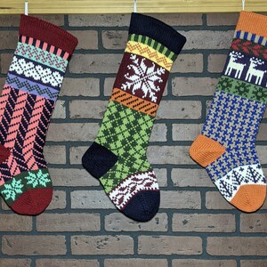 Plaid Hand Knit Christmas Stocking with Orange Cuff, White Trees and Taupe Snowflakes, Fair Isle Knit, Can be Personalized, Baby Gift Idea image 8